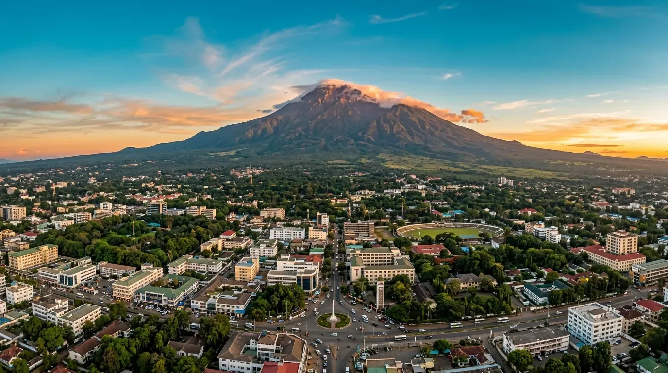 Arusha city skyline beneath Mount Meru, northern Tanzania