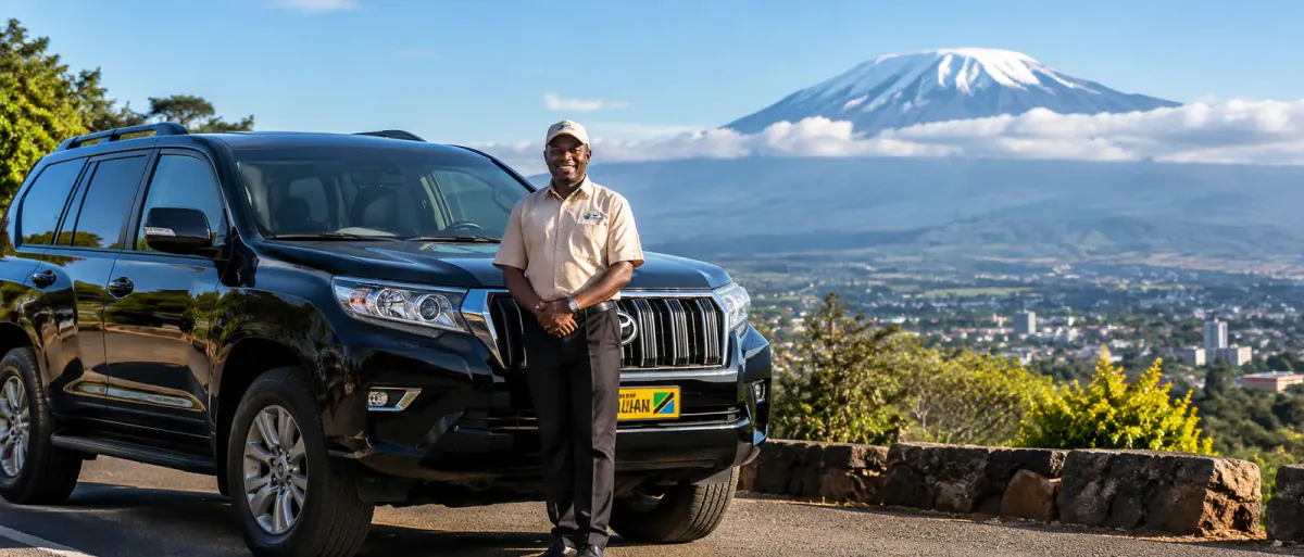 Easy Transfers driver standing beside a black Land Cruiser Prado with Mount Kilimanjaro rising behind him